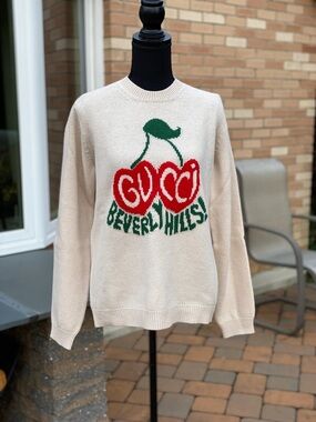 GGucci Beige 'Beverly Hills' Cherry Intarsia Sweater